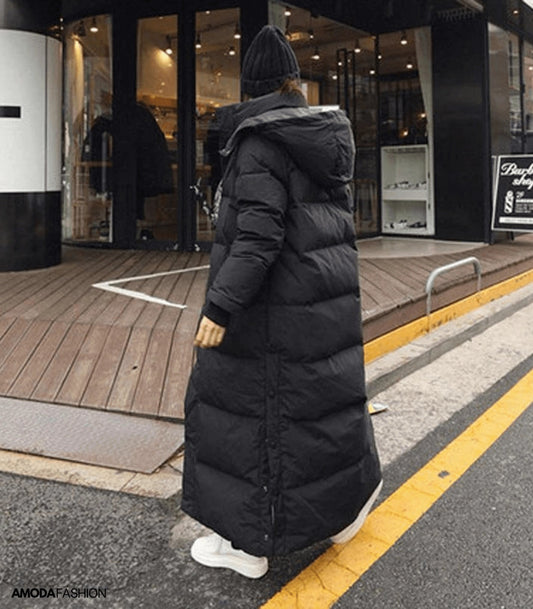 Women's Long Black Puffer Coat Quilted Full-Length - Fashinoza