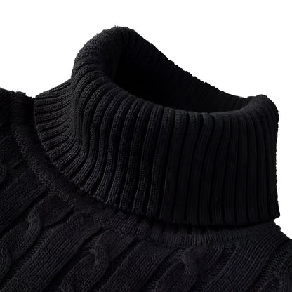 Women's Cable Knit Turtleneck Sweater Thick Wool Black - Fashinoza