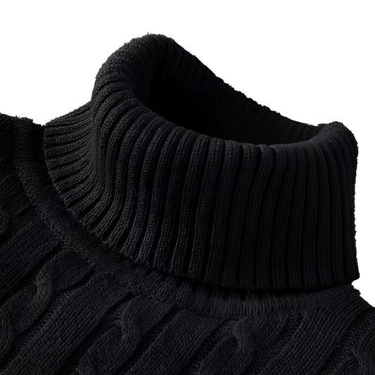 Women's Cable Knit Turtleneck Sweater Thick Wool Black - Fashinoza