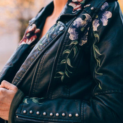 Women's Leather Jacket Floral Embroidered Black