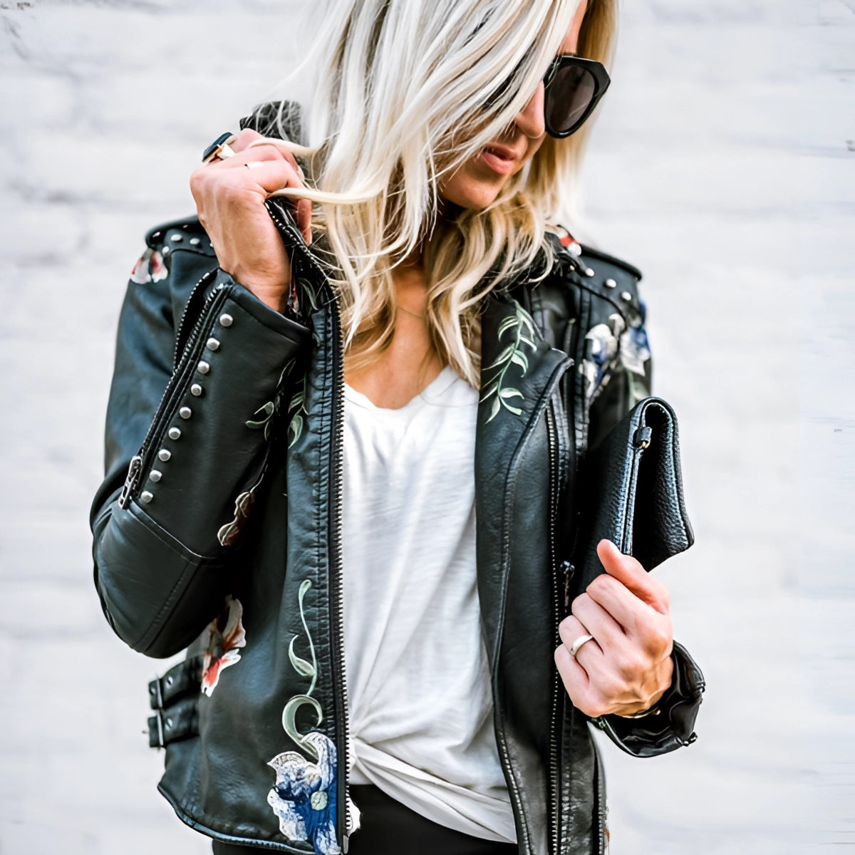 Women's Leather Jacket Floral Embroidered Black