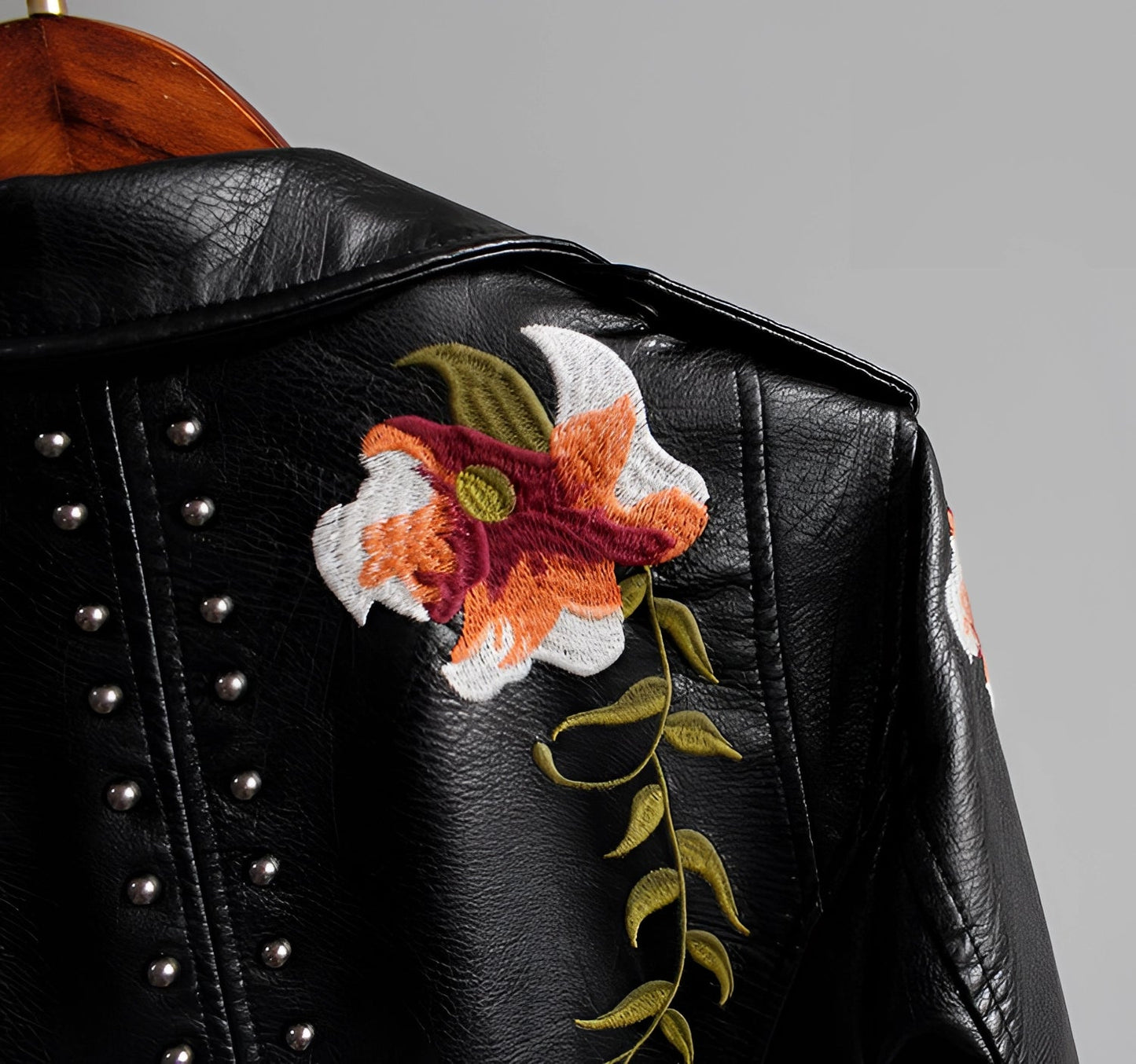 Women's Leather Jacket Floral Embroidered Black