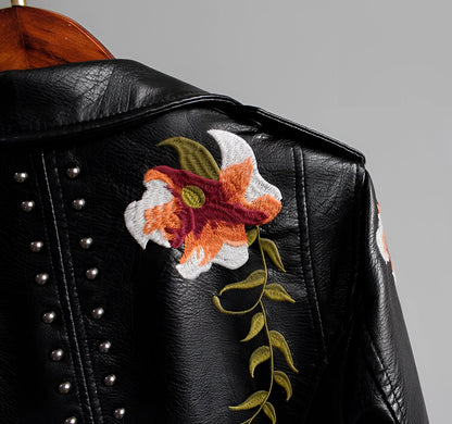Women's Leather Jacket Floral Embroidered Black