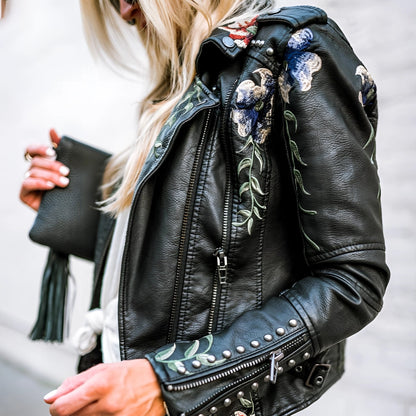 Women's Leather Jacket Floral Embroidered Black