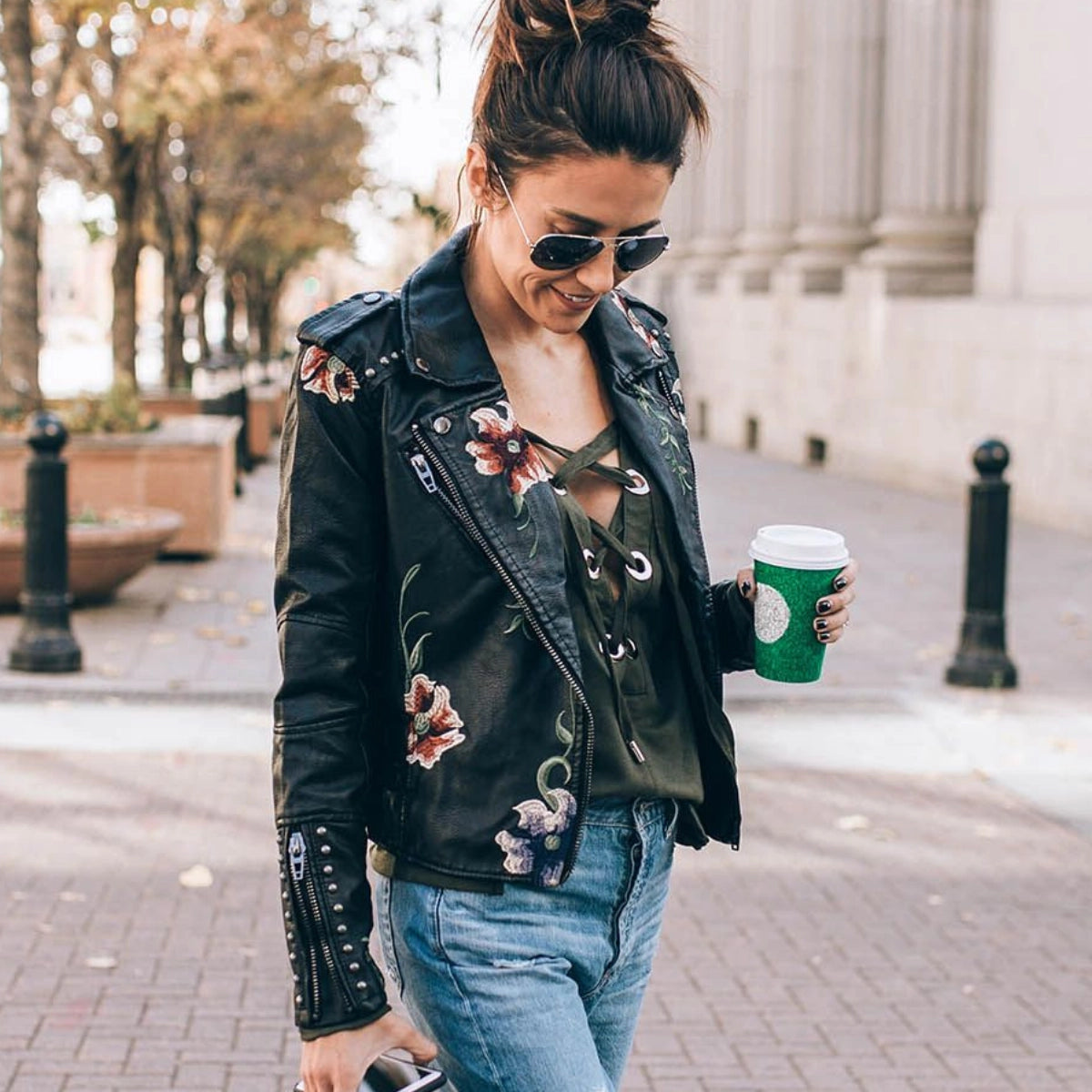 Women's Leather Jacket Floral Embroidered Black