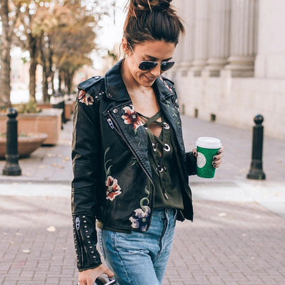 Women's Leather Jacket Floral Embroidered Black