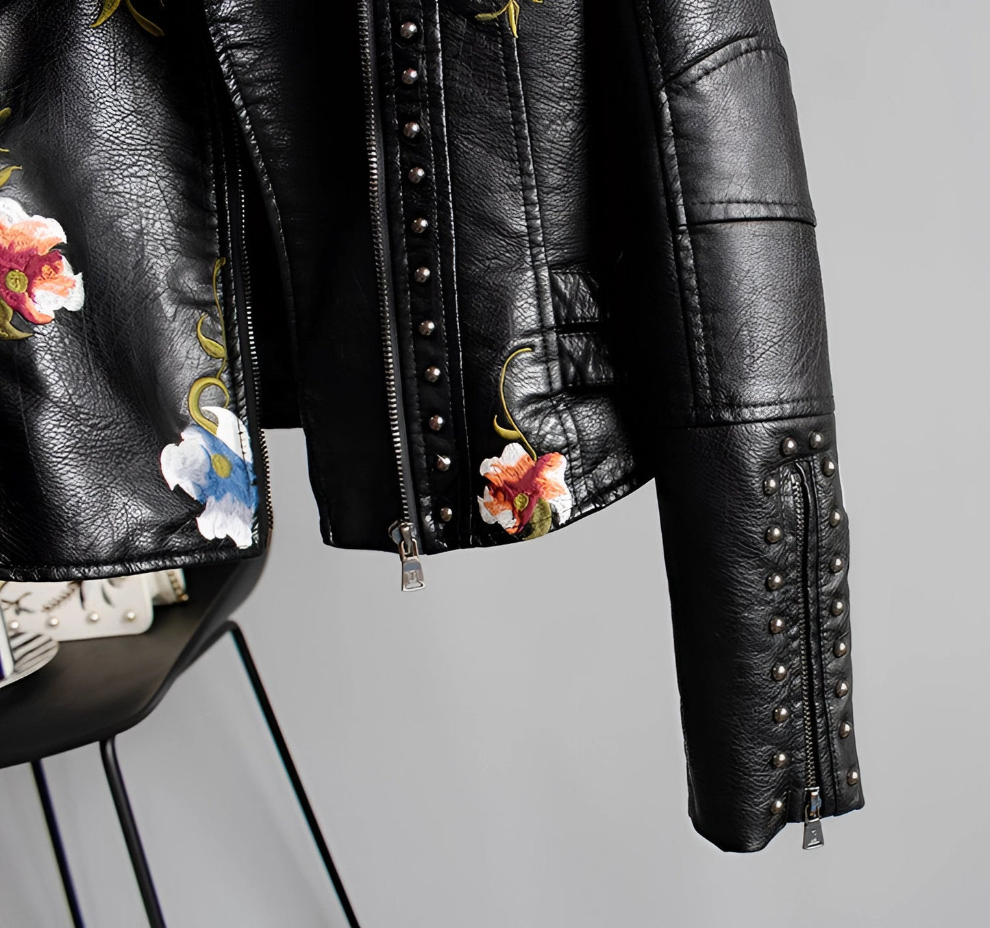 Women's Leather Jacket Floral Embroidered Black