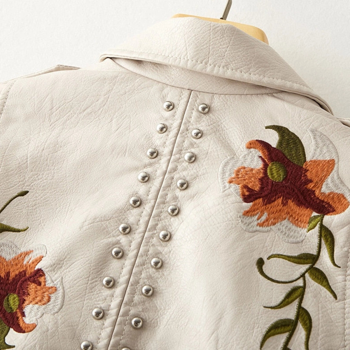 Women's Leather Jacket Floral Embroidered Black