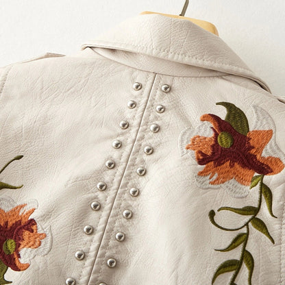 Women's Leather Jacket Floral Embroidered Black