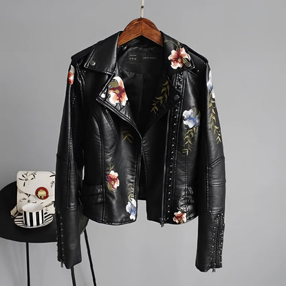 Women's Leather Jacket Floral Embroidered Black