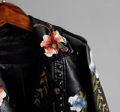 Women's Leather Jacket Floral Embroidered Black