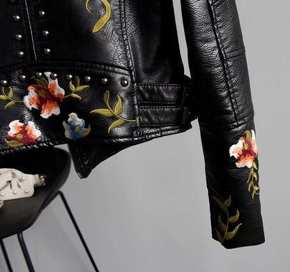 Women's Leather Jacket Floral Embroidered Black