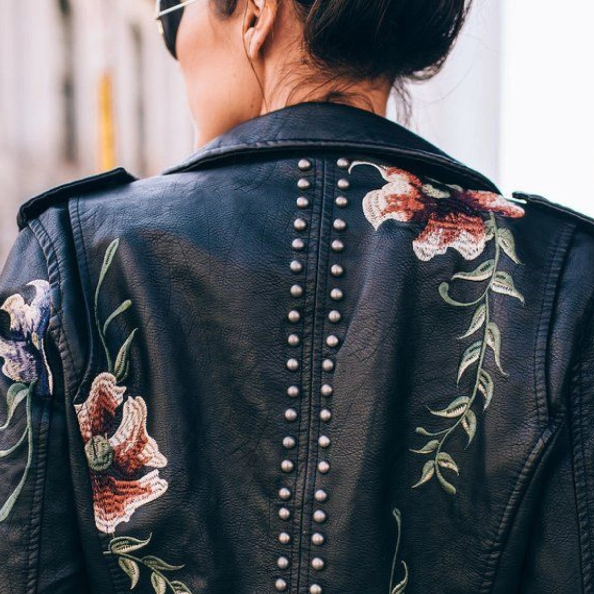 Women's Leather Jacket Floral Embroidered Black