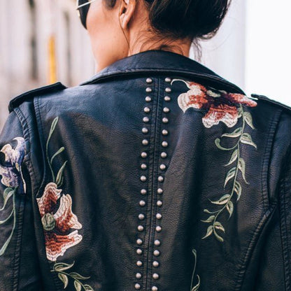 Women's Leather Jacket Floral Embroidered Black