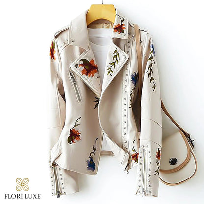 Women's Leather Jacket Floral Embroidered Black