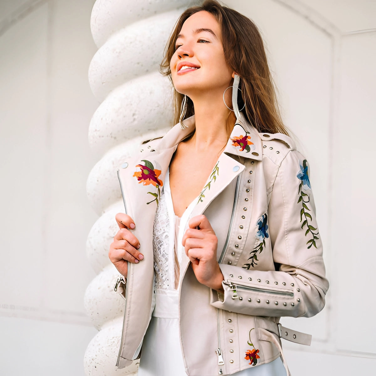 Women's Leather Jacket Floral Embroidered Black - Fashinoza