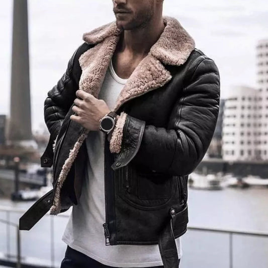 Men's Leather Jacket Shearling Collar Black - Fashinoza