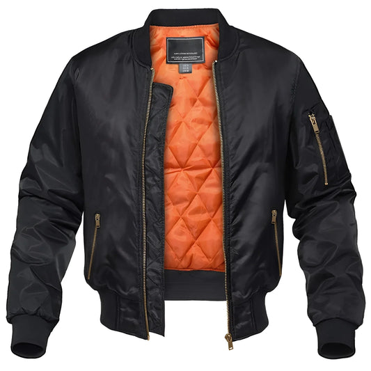 Men's Black Bomber Jacket Quilted Lining Zipper Pocket - Fashinoza