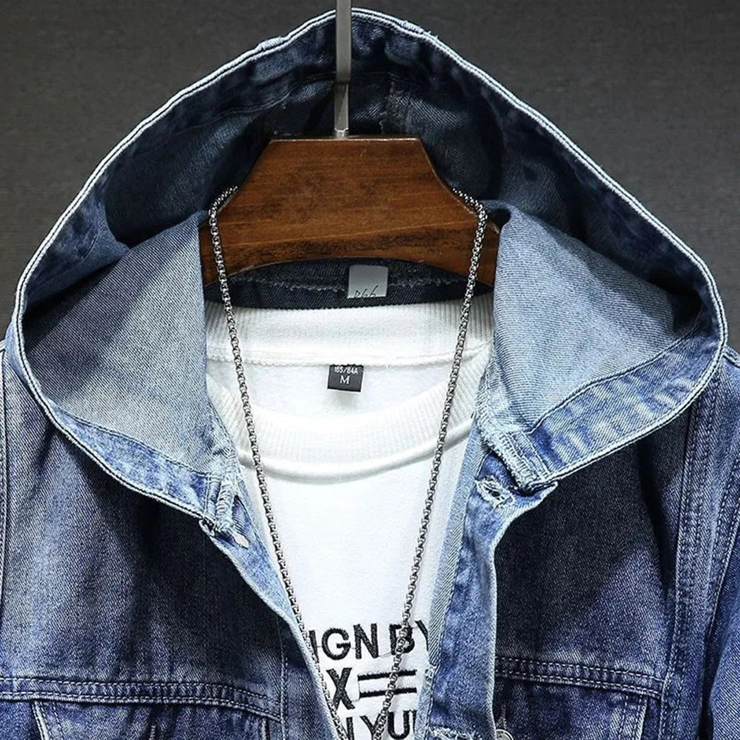 Men's Distressed Denim Jacket With Hoodie - Fashinoza