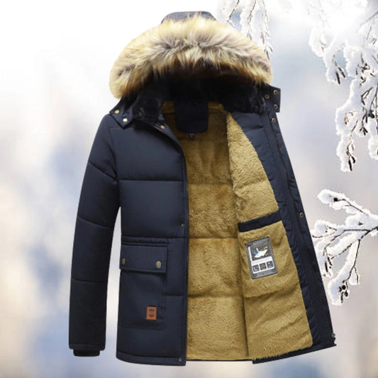 Men's Quilted Navy Winter Parka Jacket Insulated Fur Hood - Fashinoza