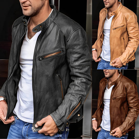 Men's Slim Fit Leather Motorcycle Jacket Black/Brown Zipper - Fashinoza