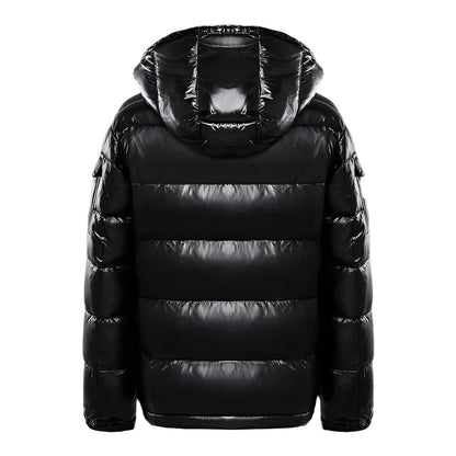 Men's Puffer Jacket Insulated Glossy Black Hooded - Fashinoza