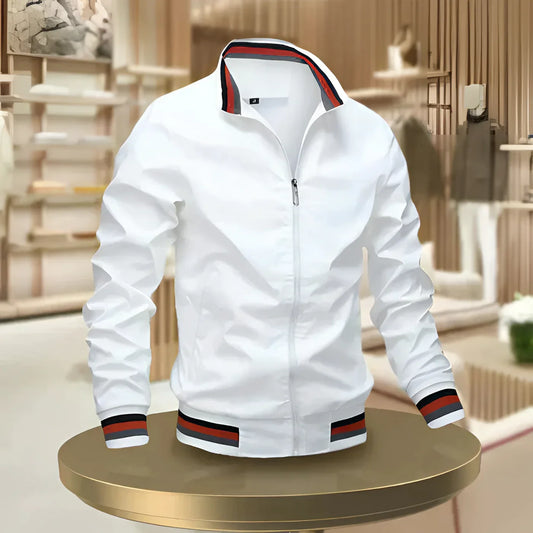 Men's White Bomber Jacket Lightweight Zip-Up - Fashinoza