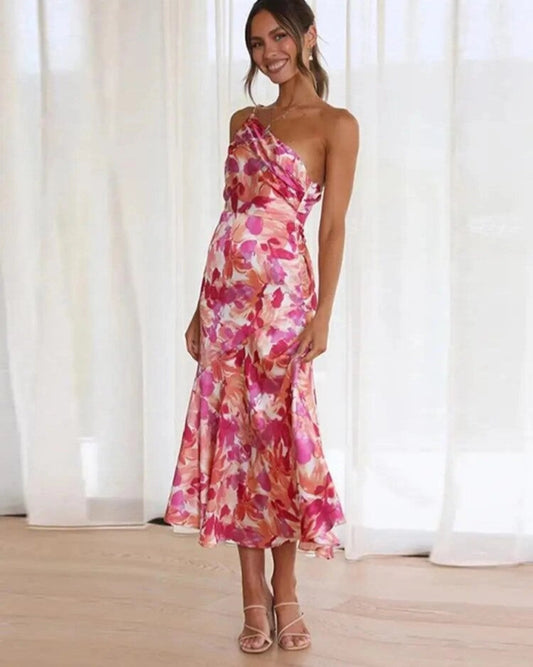 Women's Floral Asymmetric Midi Dress - Fashinoza