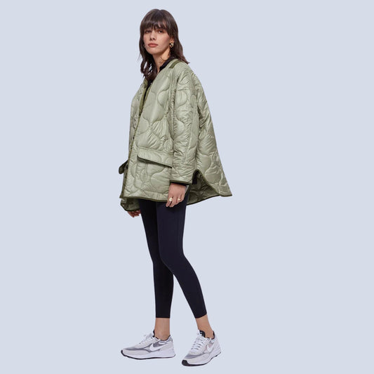 Women's Green Quilted Puffer Jacket Lightweight - Fashinoza