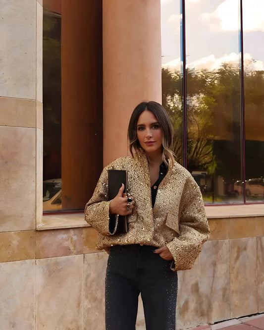 Women's Gold Metallic Bomber Jacket - Fashinoza