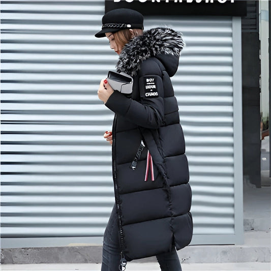 Women's Black Puffer Coat Faux Fur Hood Insulated - Fashinoza