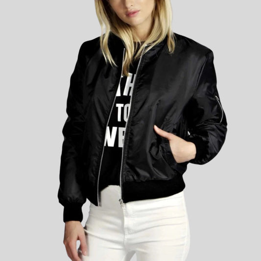Women's Black Satin Bomber Jacket Lightweight Zip-Up - Fashinoza