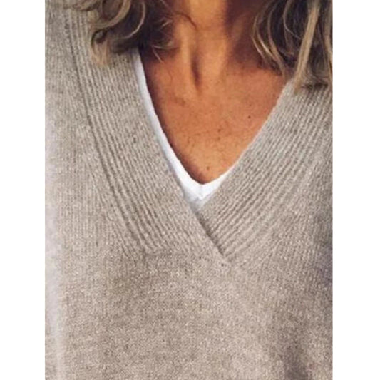 Women's Soft Gray Cashmere V-Neck Sweater Lightweight - Fashinoza