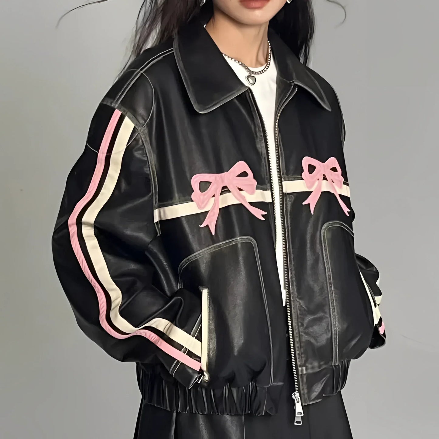 Women's Leather Jacket Metallic Stripes Bow Detail Black