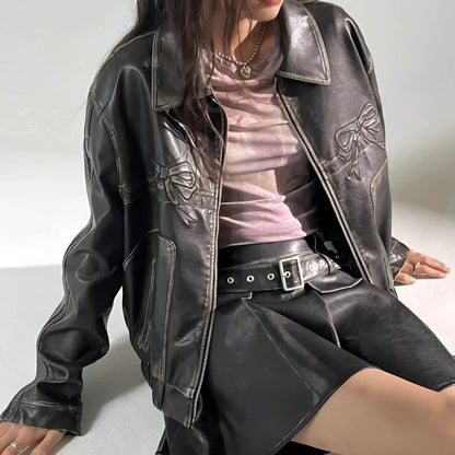 Women's Leather Jacket Metallic Stripes Bow Detail Black