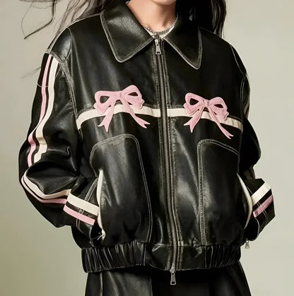 Women's Leather Jacket Metallic Stripes Bow Detail Black