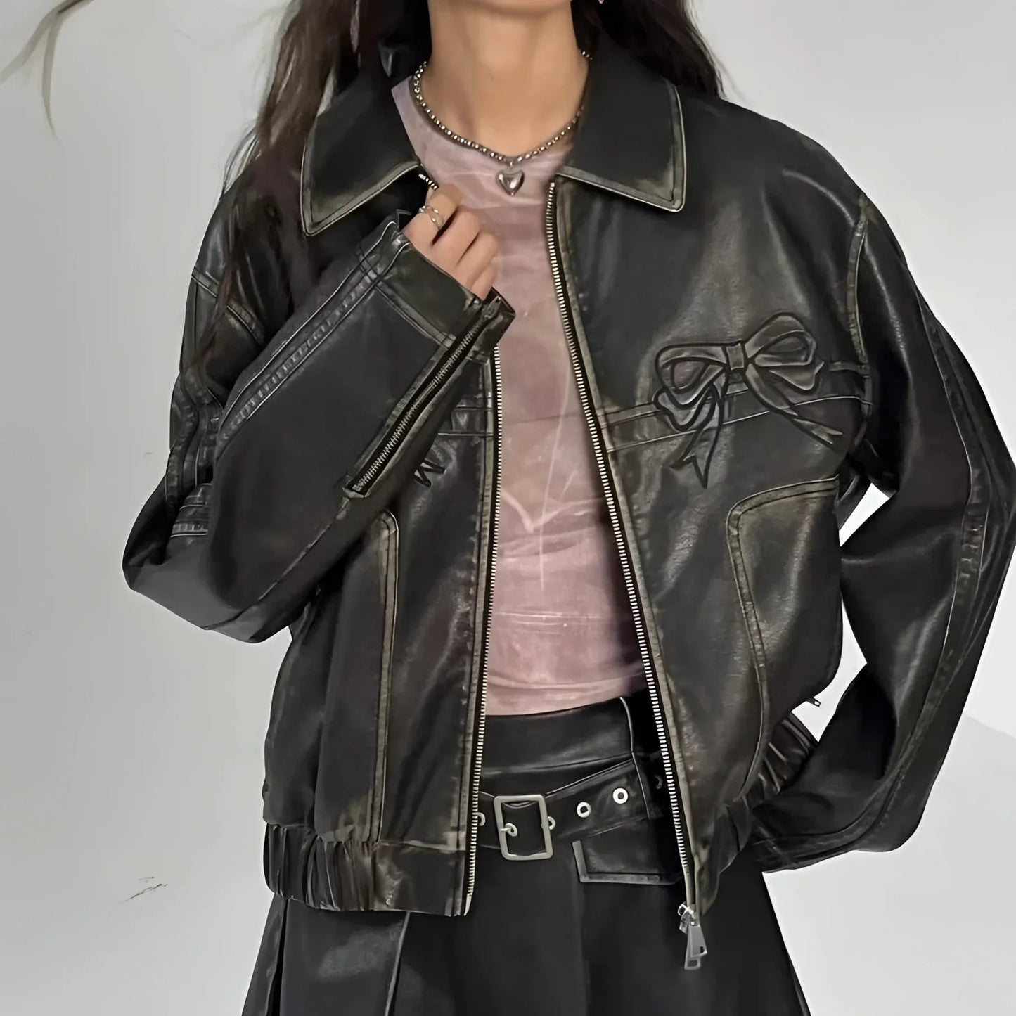Women's Leather Jacket Metallic Stripes Bow Detail Black