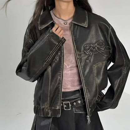 Women's Leather Jacket Metallic Stripes Bow Detail Black