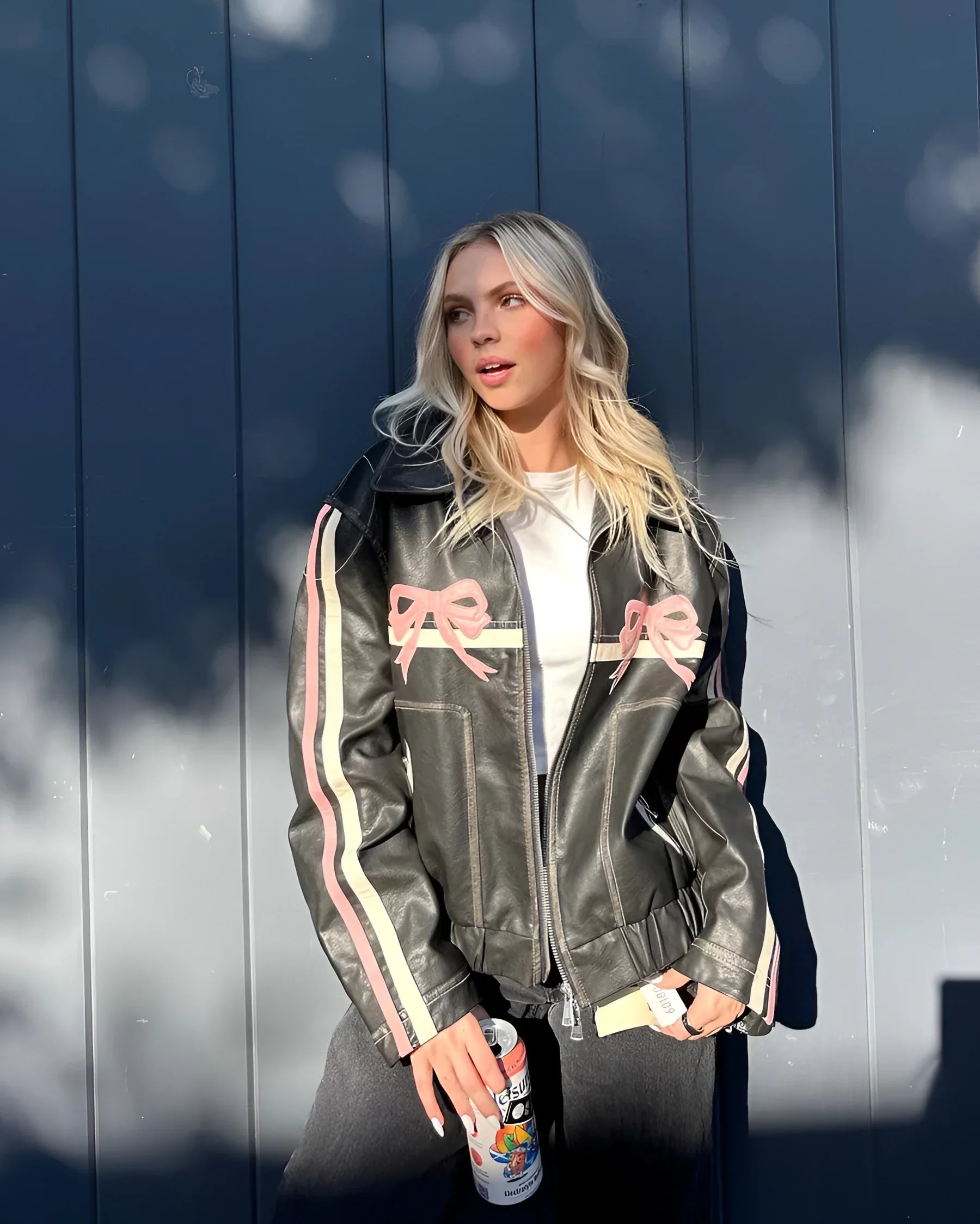 Women's Leather Jacket Metallic Stripes Bow Detail Black - Fashinoza