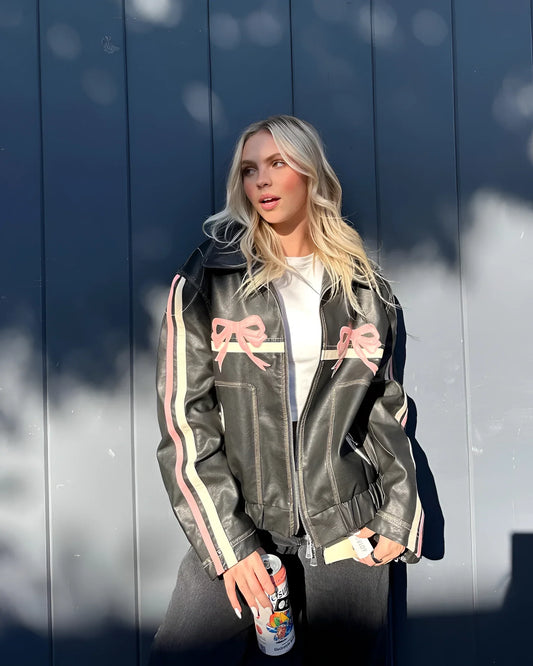 Women's Leather Jacket Metallic Stripes Bow Detail Black - Fashinoza