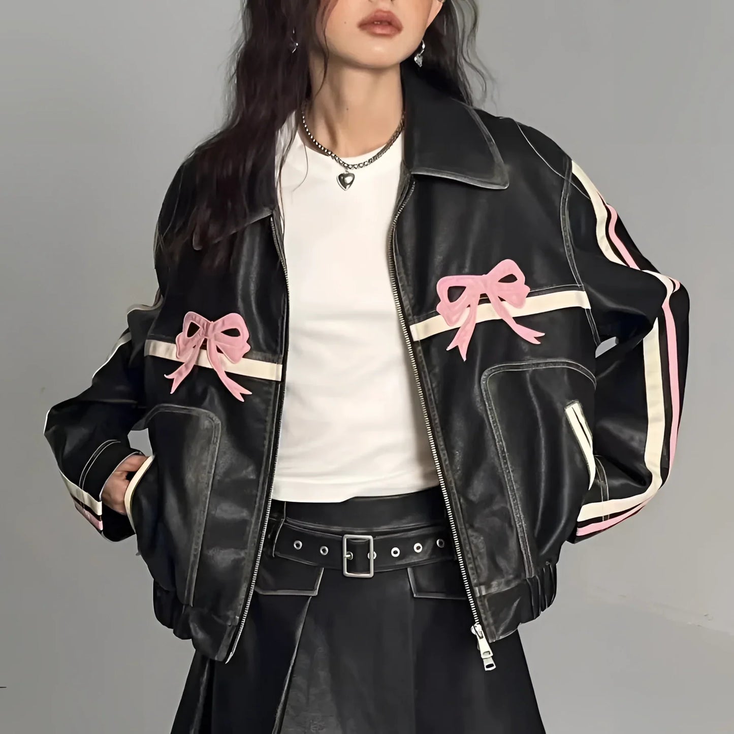 Women's Leather Jacket Metallic Stripes Bow Detail Black