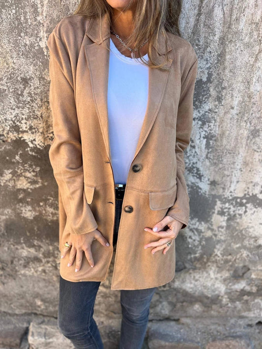 Women's Tan Suede Blazer Lightweight - Fashinoza