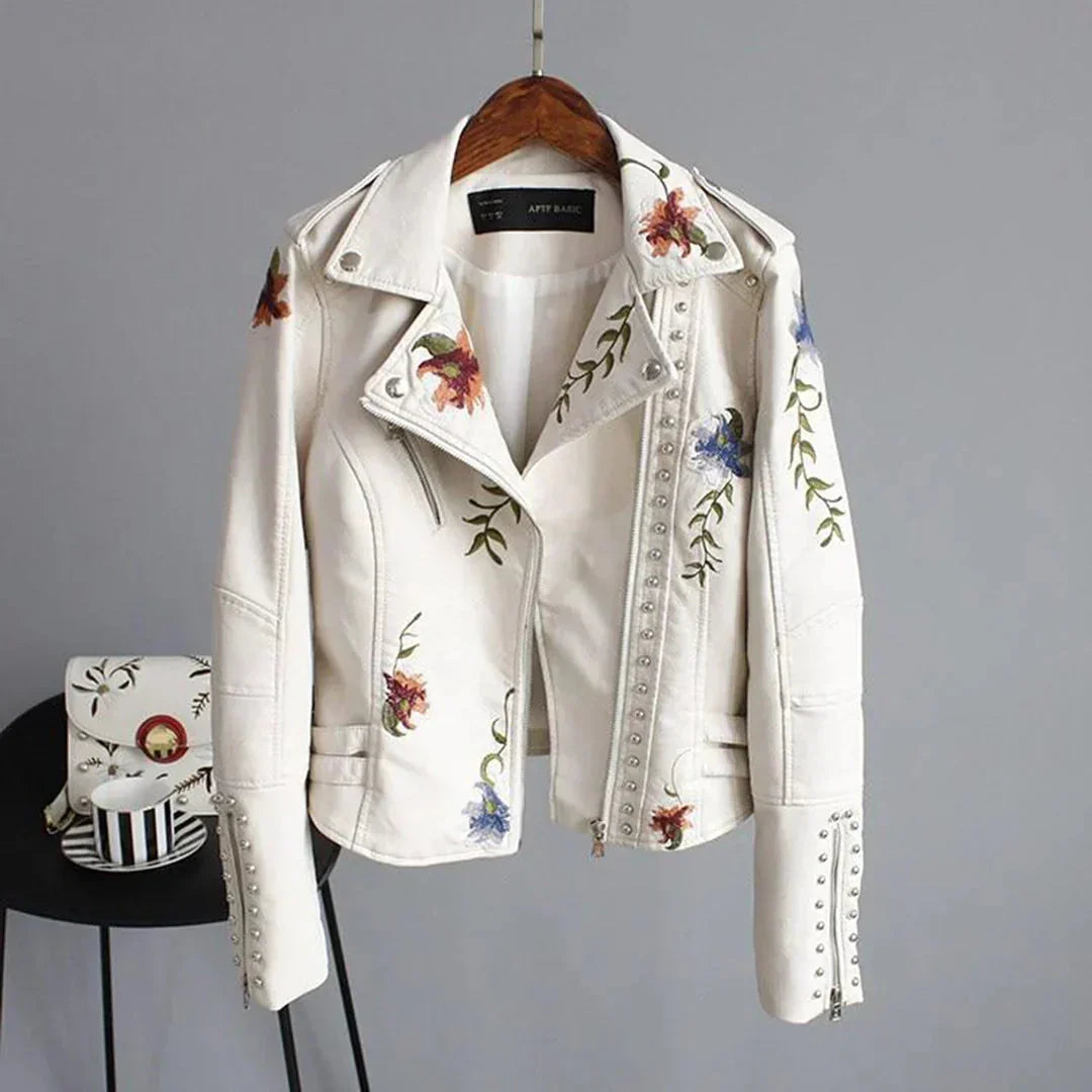 Women's Leather Bomber Jacket White Floral Embroidered