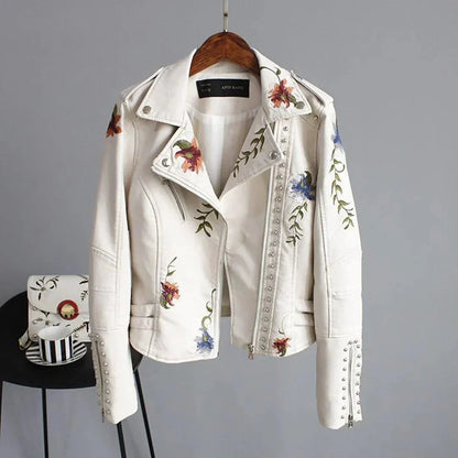 Women's Leather Bomber Jacket White Floral Embroidered
