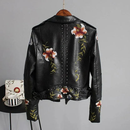 Women's Leather Bomber Jacket White Floral Embroidered