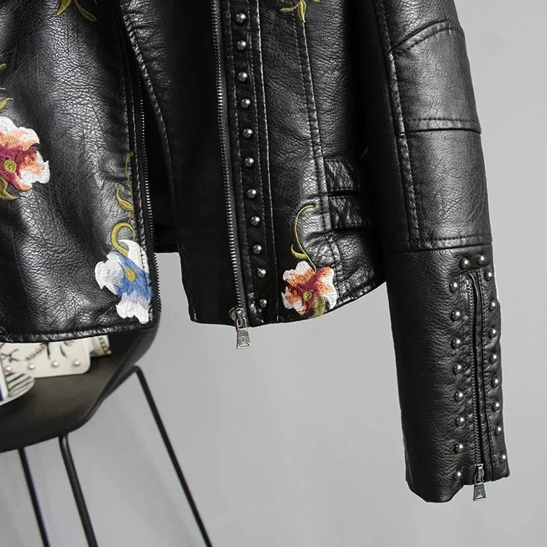Women's Leather Bomber Jacket White Floral Embroidered