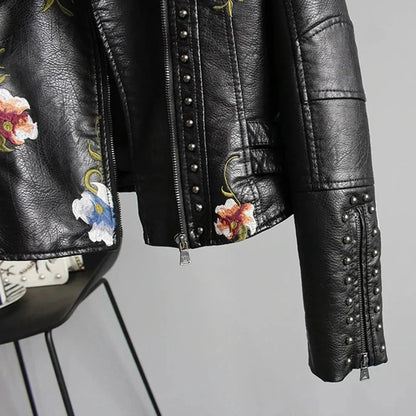 Women's Leather Bomber Jacket White Floral Embroidered