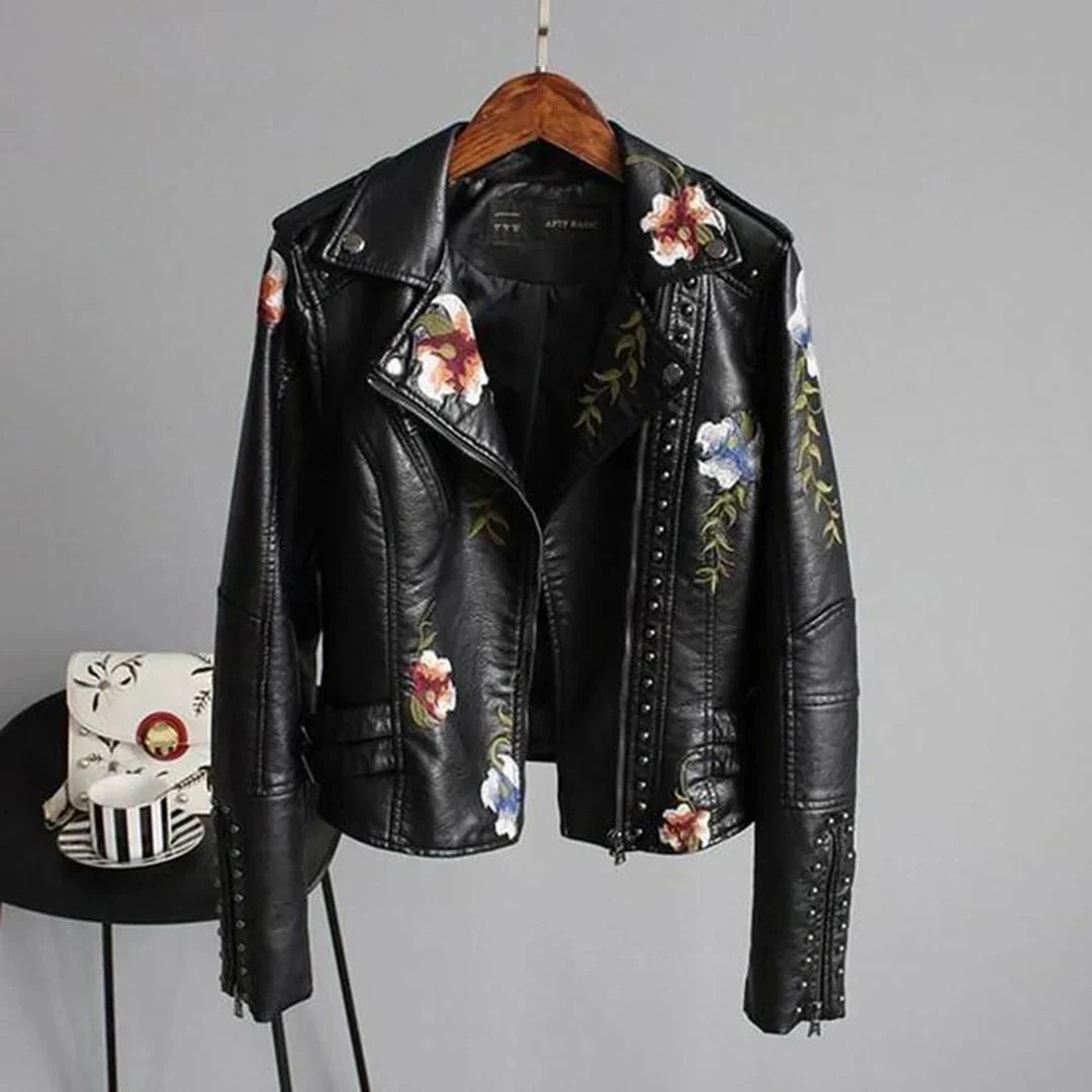 Women's Leather Bomber Jacket White Floral Embroidered