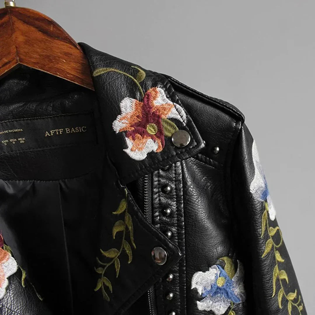 Women's Leather Bomber Jacket White Floral Embroidered