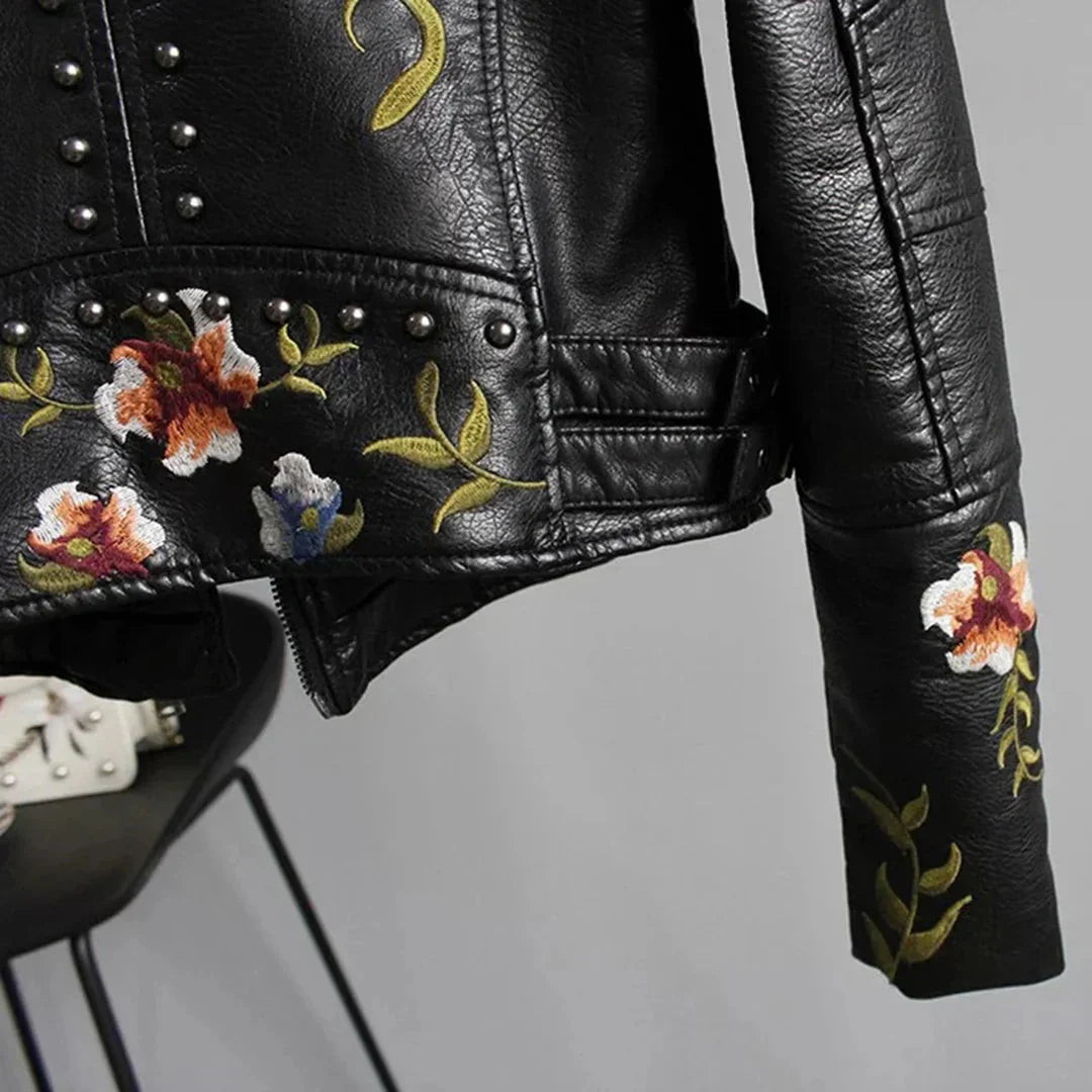 Women's Leather Bomber Jacket White Floral Embroidered